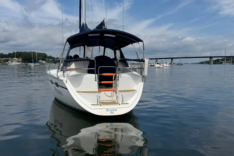 Slide: The Image of 1992 Hunter Legend 43 sailboat docked in calm waters, Bristol, RI. - 7