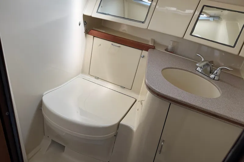 Slide: The Image of Bathroom interior of 1992 Hunter Legend 43 yacht with sink and toilet. - 51