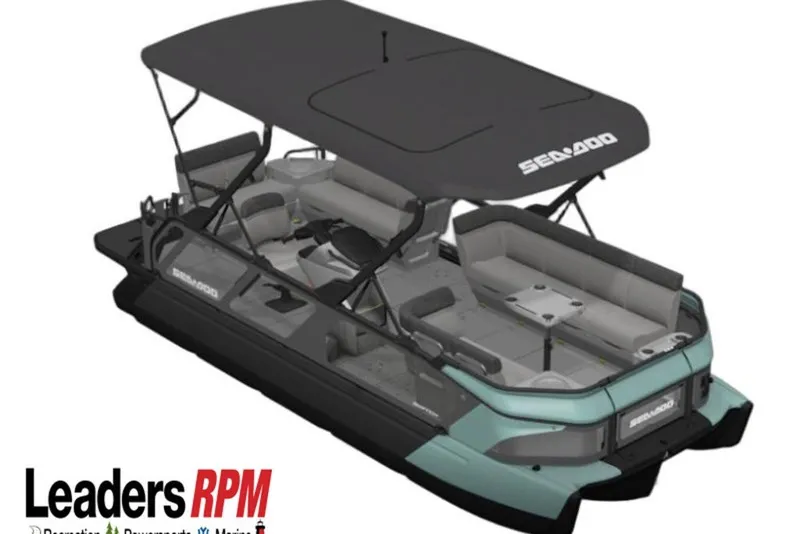The Image of 2027 Sea-Doo Switch Cruise 21 pontoon boat with canopy and seating, displayed by Leaders RPM. - 0
