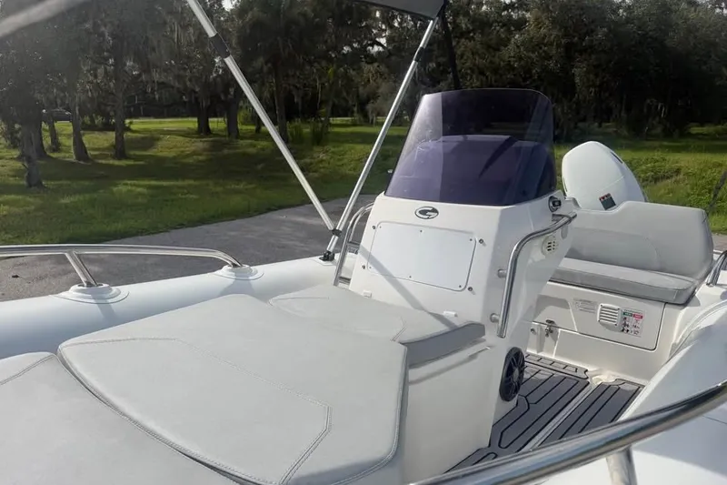 Slide: The Image of 2023 Grand G420 boat interior with seating and console, set in a lush outdoor environment. - 8