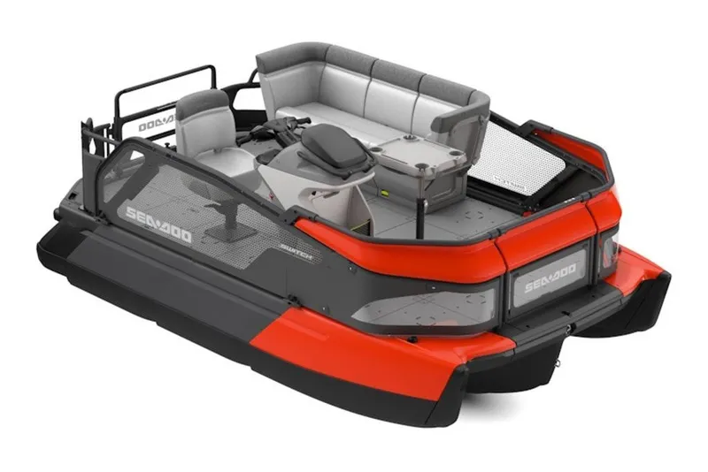 The Image of 2027 Sea-Doo Switch Compact pontoon boat with red and gray design, featuring spacious seating. - 1