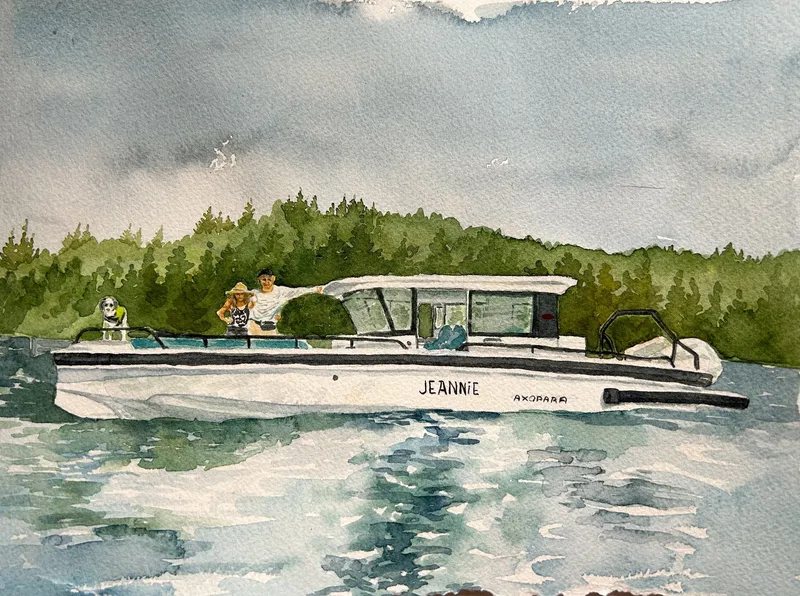 The Image of An Axopar 28 Cabin boat on a lake, surrounded by trees. Three people are on board. - 0