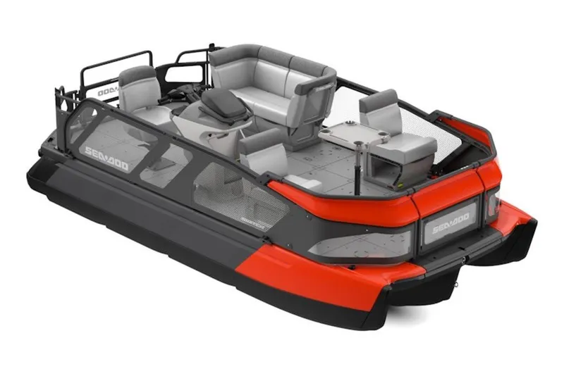 The Image of 2027 Sea-Doo Switch 16 pontoon boat with modern seating and vibrant red accents. - 1