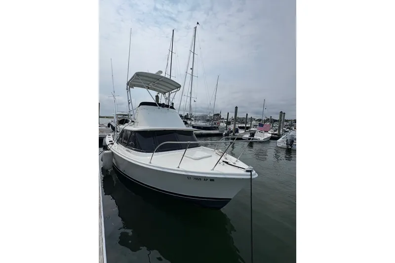 Slide: The Image of 1974 Bertram 31 Flybridge Cruiser docked at a marina under cloudy skies. - 12