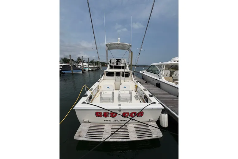 Slide: The Image of 1974 Bertram 31 Flybridge Cruiser docked, rear view with "Red Dog" name visible. - 5