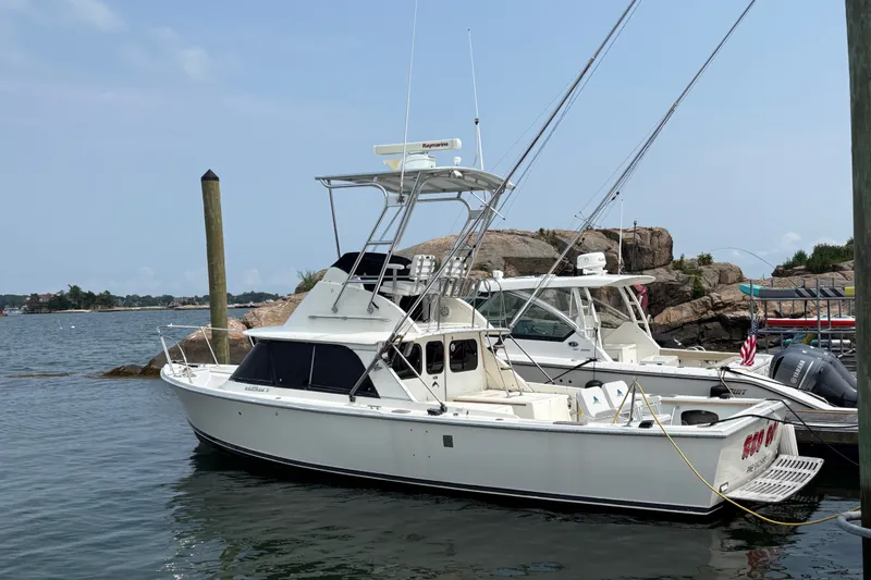 Slide: The Image of 1974 Bertram 31 Flybridge Cruiser docked by rocky shoreline. - 2