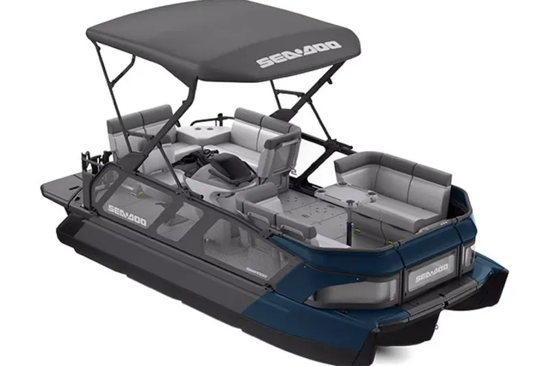 Slide: The Image of 2027 Sea-Doo Switch Cruise 18 pontoon boat with canopy and seating arrangement. - 1