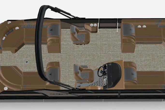 Slide: The Image of 2027 Trifecta 25RF SS 3.0 TRI-TOON boat interior layout with brown seating and helm. - 4