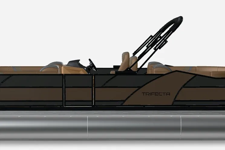 Slide: The Image of 2027 Trifecta 25RF SS 3.0 TRI-TOON pontoon boat, side view, sleek design. - 2