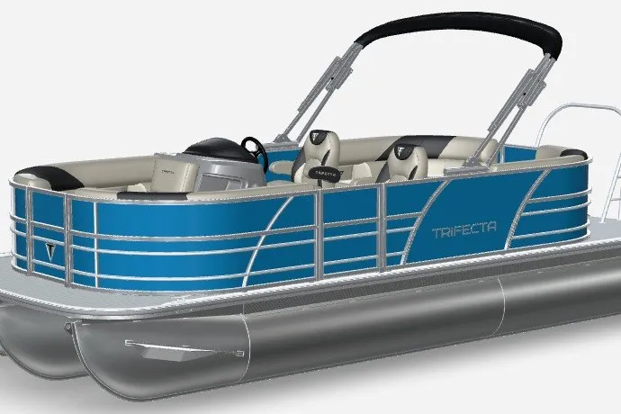 The Image of 2027 Trifecta 20RF LE 2.75 Tri-Toon pontoon boat with blue exterior and sleek design. - 1