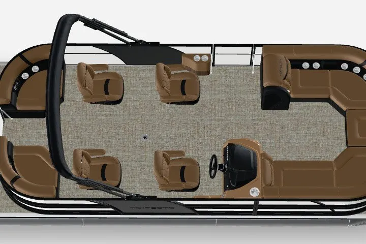 Slide: The Image of 2027 Trifecta 24QCT CS 2.75 Tri-Toon pontoon boat interior layout, featuring brown seating. - 4