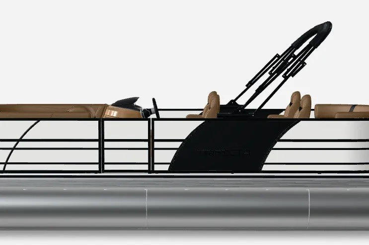 Slide: The Image of 2027 Trifecta 24QCT CS 2.75 Tri-Toon pontoon boat, sleek design, side view. - 2