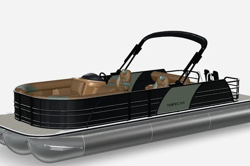 The Image of 2027 Trifecta pontoon boat with sleek black design and comfortable seating. - 0