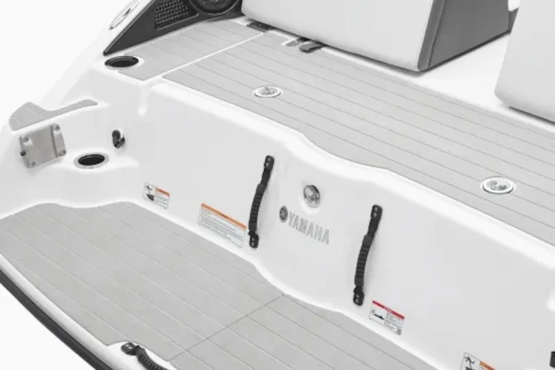 Slide: The Image of 2026 Yamaha Boats SX250 swim platform with sleek design and integrated handles. - 2