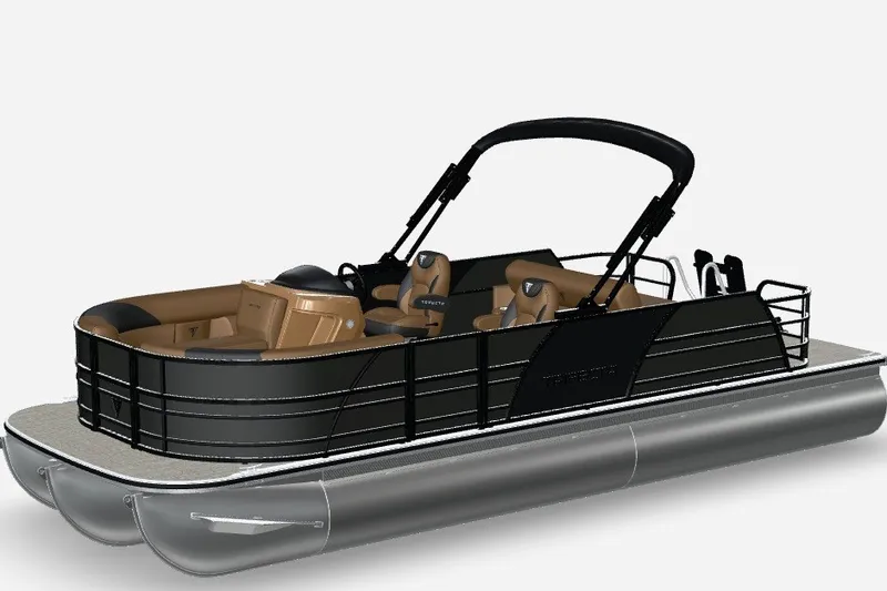 The Image of 2027 Trifecta 22ULT LE 2.75 Tri-Toon pontoon boat with sleek black design and tan seating. - 1