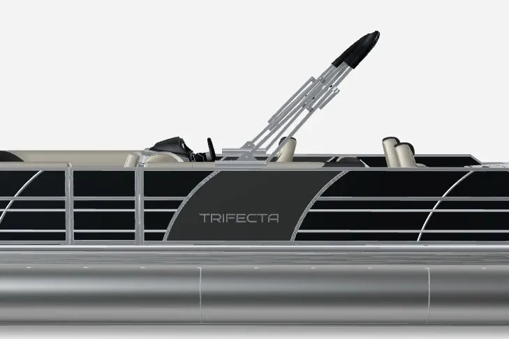 Slide: The Image of 2027 Trifecta 24TRF C2 LE 2.75 Tri-Toon pontoon boat, sleek design, side view. - 2