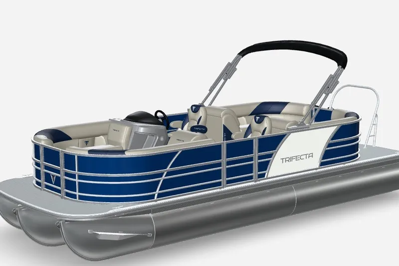 The Image of 2027 Trifecta 22RF LE 2.75 TRI-TOON pontoon boat with blue and white design. - 1