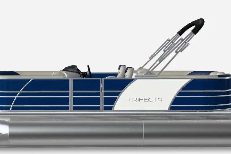 Slide: The Image of 2027 Trifecta 22RF LE 2.75 TRI-TOON pontoon boat, sleek design, blue and white exterior. - 2