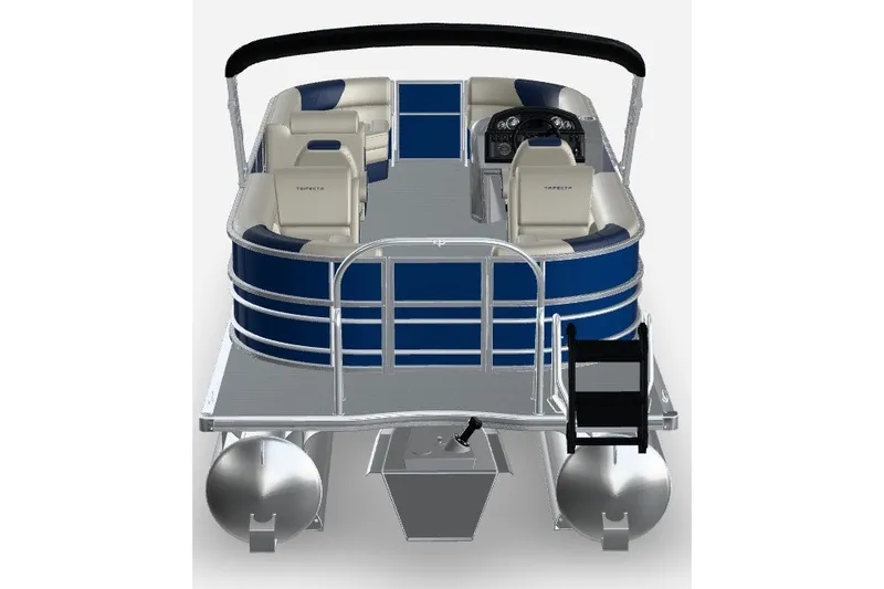 Slide: The Image of 2027 Trifecta 22RF LE 2.75 TRI-TOON pontoon boat, blue and silver design, rear view. - 3