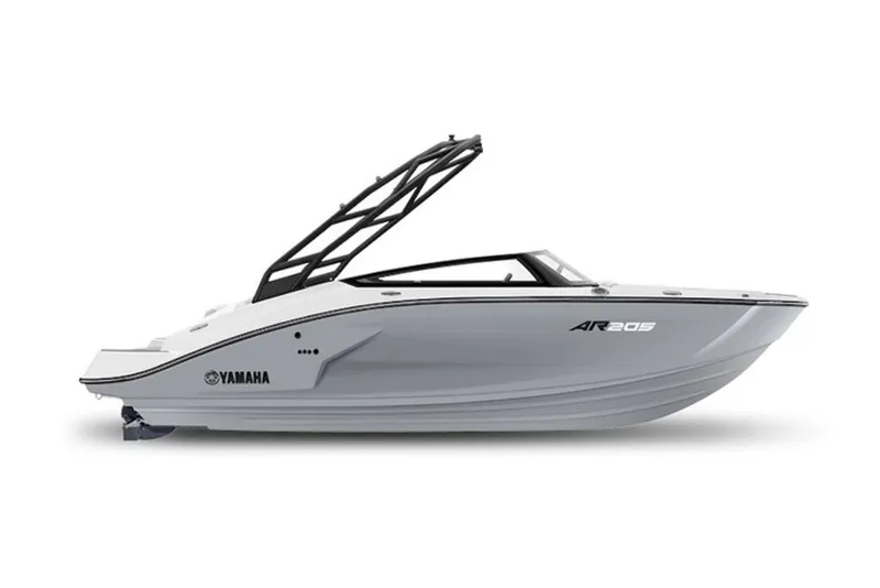 The Image of 2027 Yamaha Boats AR205, sleek design, side view, white and black color scheme. - 1