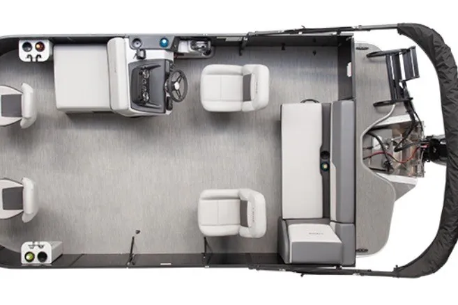 Slide: The Image of Top view of 2027 LOWE BOATS LF 172 interior layout, featuring seating and steering console. - 2