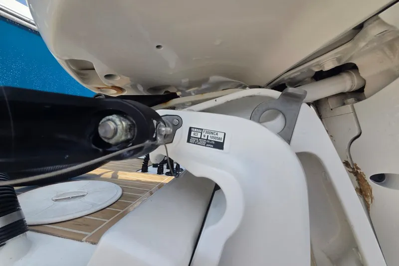 Slide: The Image of Close-up of a 2018 Regulator 34 Center Console boat engine component. - 46