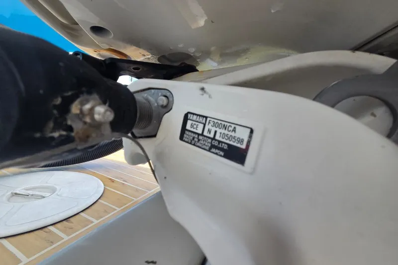Slide: The Image of Close-up of Yamaha F300NCA engine part on 2018 Regulator 34 Center Console boat. - 48