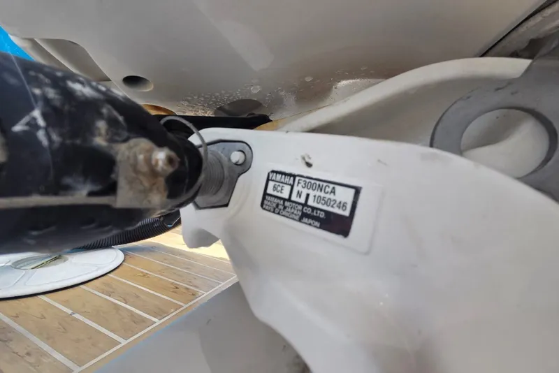 Slide: The Image of Yamaha F300NCA engine on 2018 Regulator 34 Center Console boat, close-up view. - 53