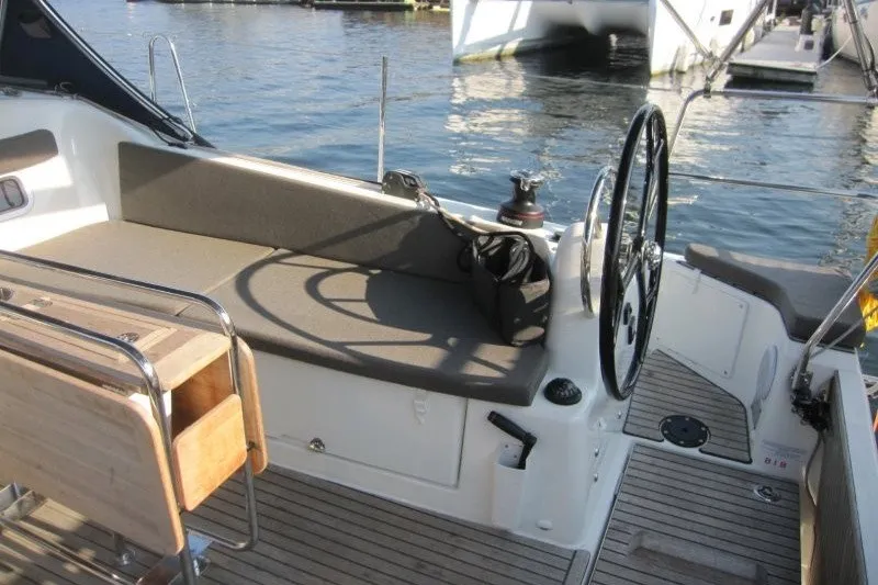 Slide: The Image of Cockpit of 2024 Jeanneau Sun Odyssey 380 sailboat with dual steering wheels. - 38