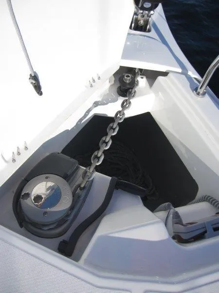 Slide: The Image of Anchor locker of 2024 Jeanneau 380 sailboat with chain and windlass. - 51