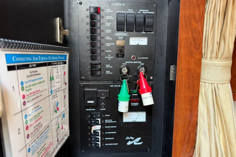 Slide: The Image of Electrical control panel of a 2006 Sea Ray Sundancer 320 boat with labeled switches. - 98