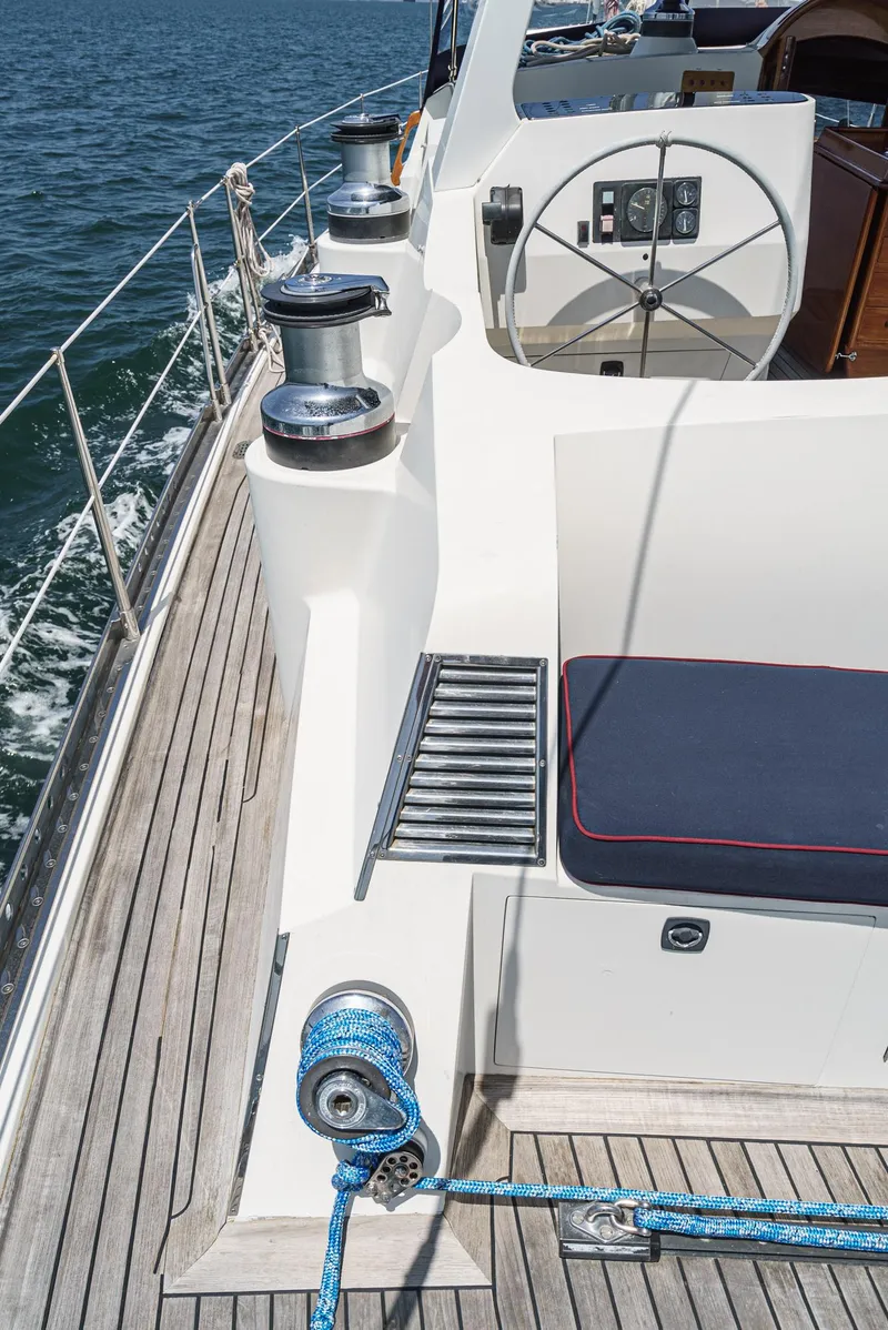 Slide: The Image of Philbrook's 69' Custom PH Sailing Sloop, 1999, deck view with winches and steering wheel. - 20
