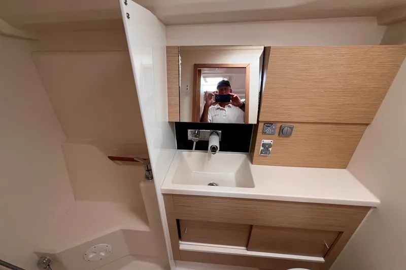 Slide: The Image of Modern bathroom interior of 2020 Hanse 458 yacht with sink and mirror. - 70