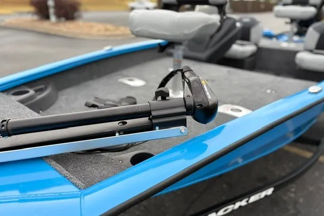Slide: The Image of 2027 Tracker Pro Team 175 Crappie Edition boat, blue exterior, detailed view of deck and seating. - 31