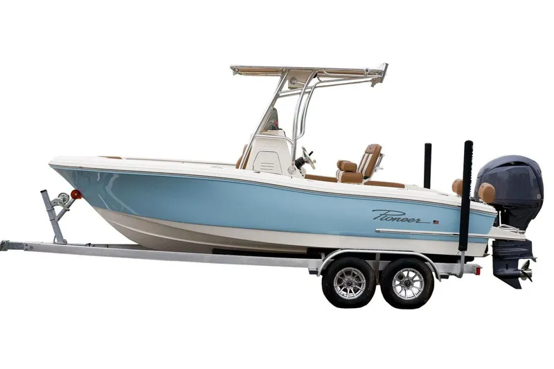 The Image of Manufacturer Provided Image: 2025 Pioneer 202 Sportfish boat on trailer, blue and white design, side view. - 0