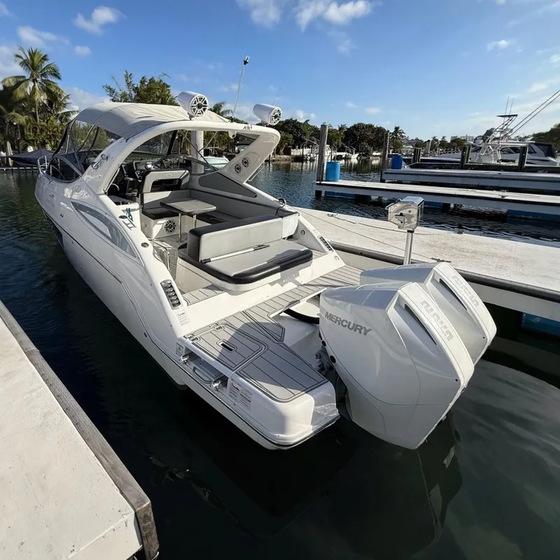 Slide: The Image of Schaefer 303 boat, 2021 model, docked at marina with palm trees and clear sky. - 0