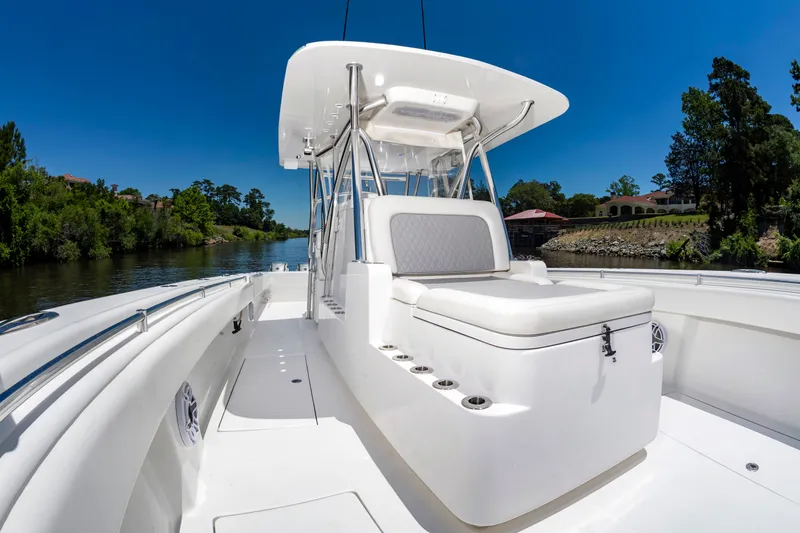 Slide: The Image of A sleek, modern boat with white deck and upholstery, on a calm river under a blue sky. - 30