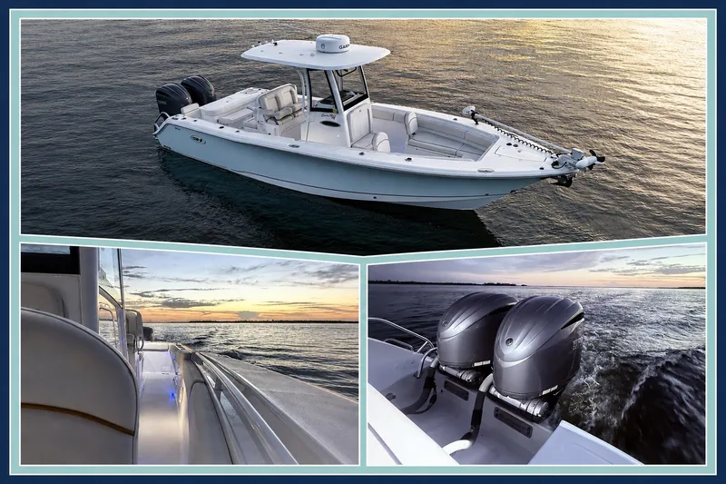Slide: The Image of 2022 Sea Hunt Gamefish 27FS boat on water, showcasing dual engines and sleek design. - 16