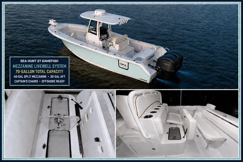 Slide: The Image of 2022 Sea Hunt Gamefish 27FS boat with mezzanine livewell system, 70-gallon capacity, and captain's chairs. - 15