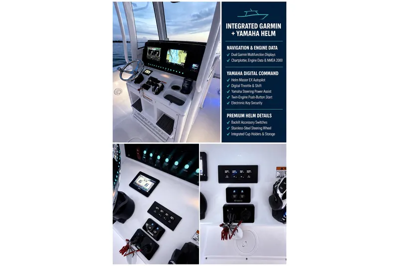 Slide: The Image of 2022 Sea Hunt Gamefish 27FS helm with integrated Garmin and Yamaha systems, featuring digital controls. - 21