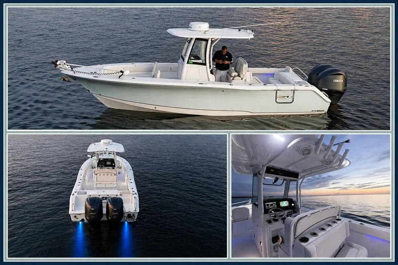 Slide: The Image of 2022 Sea Hunt Gamefish 27FS boat on water, featuring dual Yamaha engines and modern cockpit. - 17