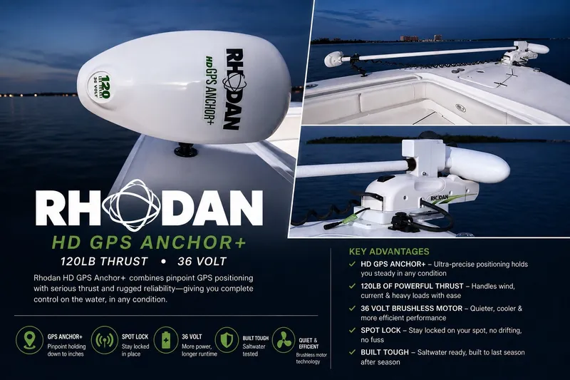 Slide: The Image of Sea Hunt Gamefish 27FS with Rhodan HD GPS Anchor+, 120lb thrust, 36V, showcasing key advantages. - 34