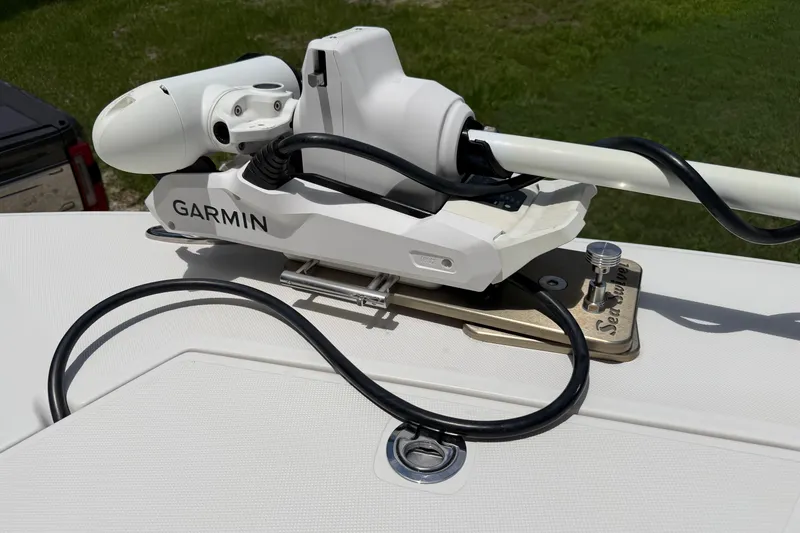 Slide: The Image of Garmin marine equipment mounted on a 2019 Jupiter 30 boat deck. - 29