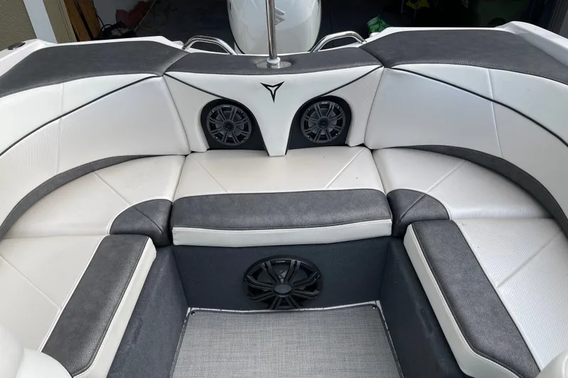 Slide: The Image of Interior of 2021 Campion Allante 180 boat with cushioned seating and built-in speakers. - 7