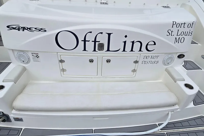 Slide: The Image of 2006 Cruisers Yachts 520 Express, named "OffLine," docked at Port of St. Louis, MO. - 37