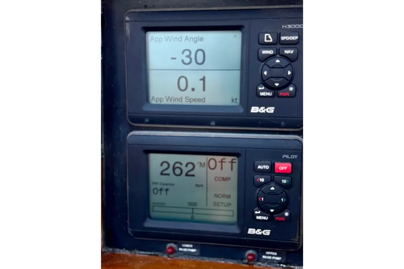 Slide: The Image of Digital navigation instruments on a 1977 Hans Christian Ketch sailboat. - 57