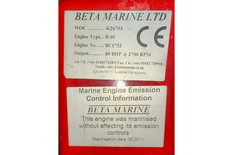 Slide: The Image of Label on Beta Marine engine, model B-60, 60 BHP, emission control info. - 72