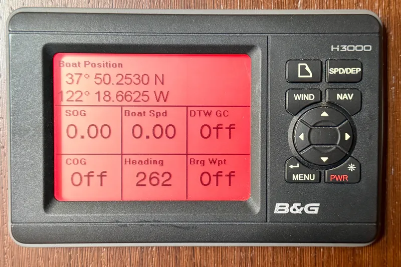 Slide: The Image of B&G H3000 marine display showing navigation data on a 1977 Hans Christian Ketch. - 54