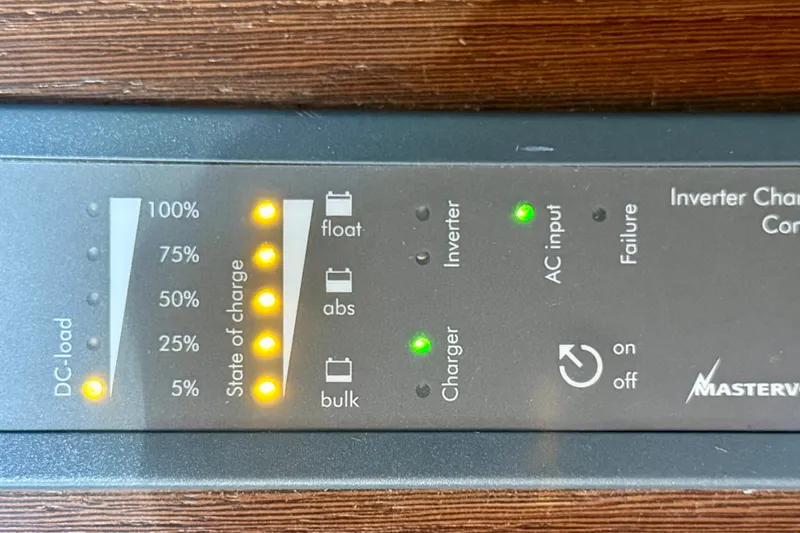 Slide: The Image of Control panel of a 1977 Hans Christian Ketch showing battery charge levels and indicators. - 55