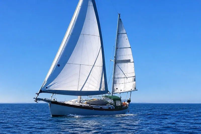 The Image of 1977 Hans Christian Ketch sailing on open blue sea under clear skies. - 0